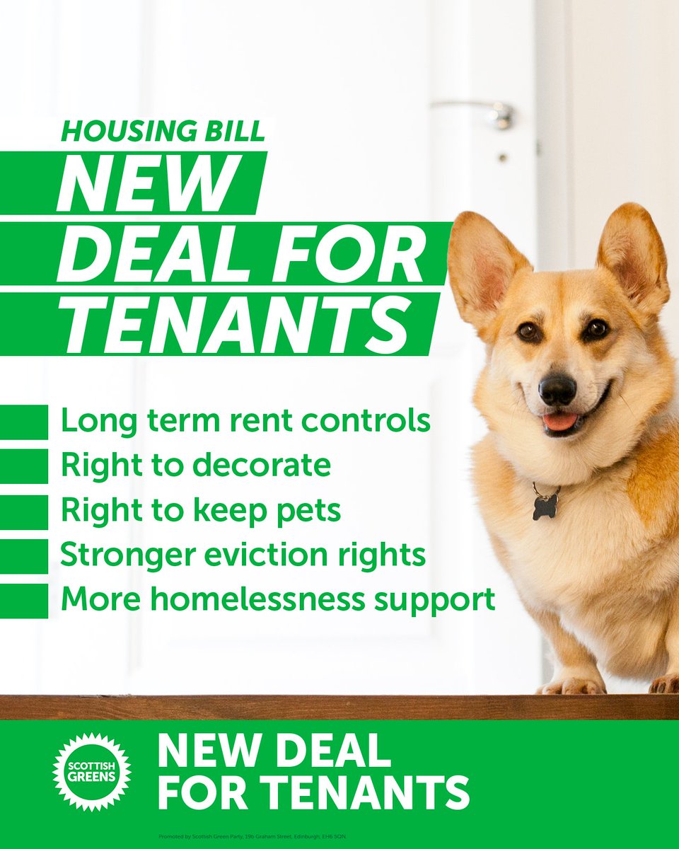 1⃣ week ago today @scottishgreens minister @patrickharvie launched our New Deal for Tenants. This new bill will introduce: 💰 Long-term rent controls 🎨 Right to decorate 🐶 Right to keep pets 🏡 Stronger eviction rights 🧑‍⚖️More homelessness support Find out more 👇🧵