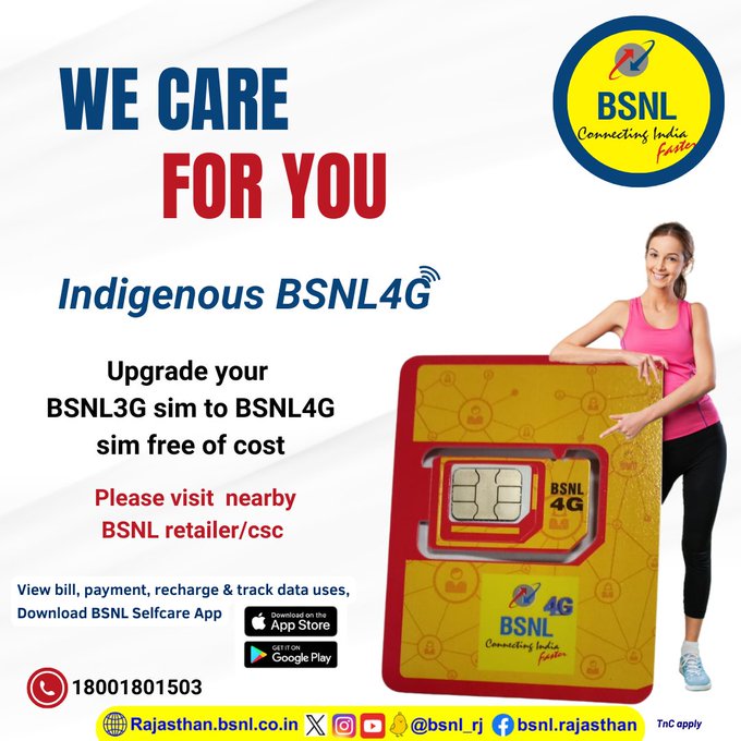 Upgrade your BSNL3G sim to #BSNL4G sim free of cost. Please visit nearby #BSNL retailer/CSC. For more info call us on 18001801503. #Internet4All #ConnectedTheUnconnected