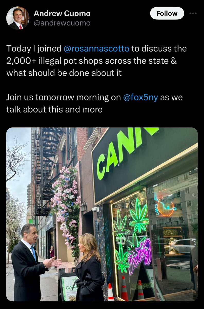 Keep in mind when you see @andrewcuomo talking about closing illegal pot shops in New York that this is the same guy who helped keep criminals out of jail, locked all of us up during Covid and sent thousands of sick patients into nursing homes without any remorse or contrition.…