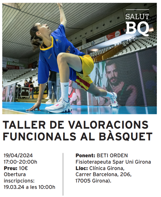 🏀TALLER DE VALORACIONS FUNCIONALS AL BÀSQUET
🕑Dia i hora: divendres 19 d'abril (17:00h - 20:00h)
🏥Lloc: Clínica Girona
🗣️Ponent: Beti Orden (fisioterapeuta SPAR Girona i col·laboradora combinats sots 21 femenins)
📝inscripcions.basquetcatala.cat/activity/1231d