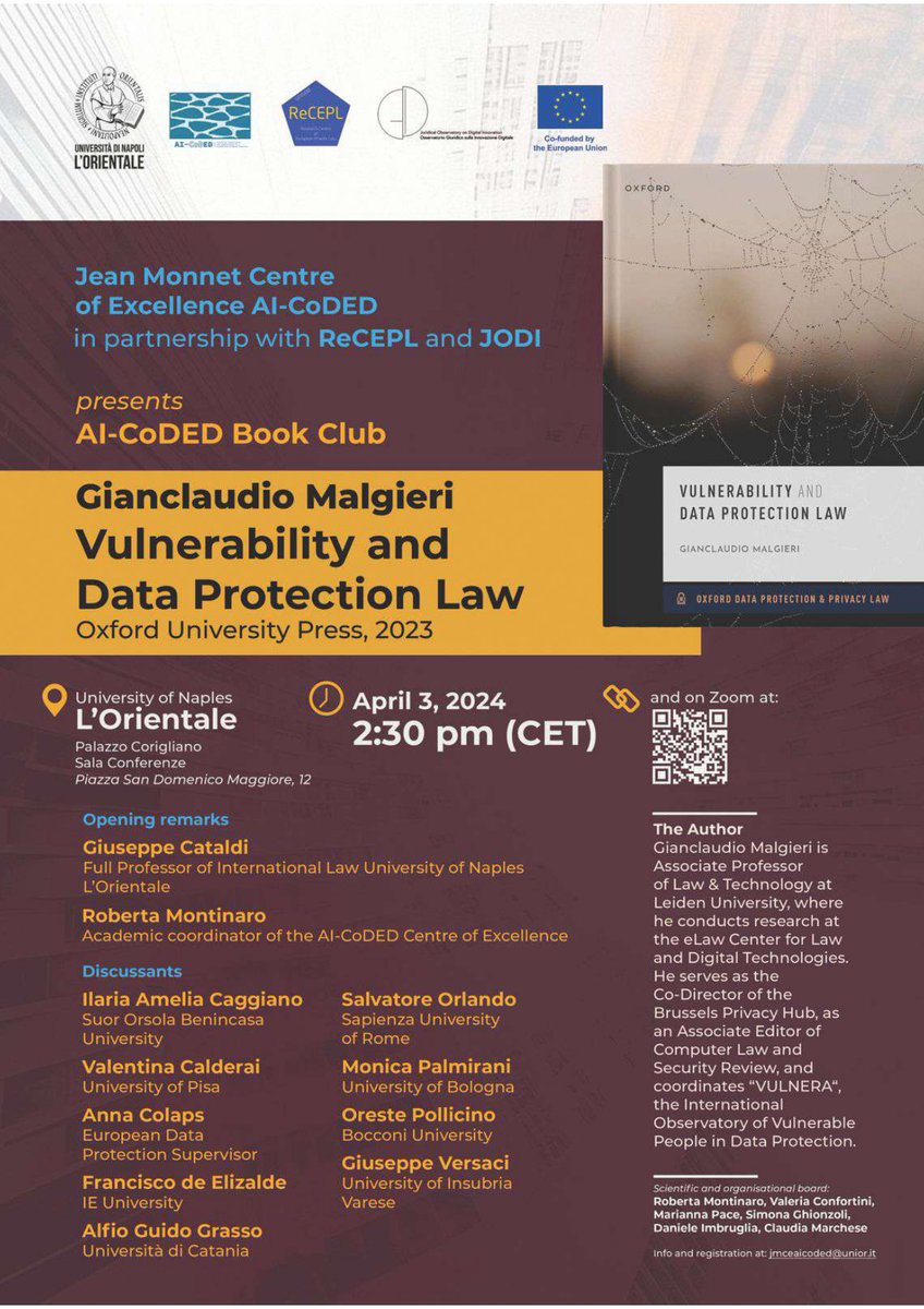 Giuseppe Versaci (@peppe_versaci) interviene alla presentazione del volume 'Vulnerability and Data Protection Law' di Gianclaudio Malgieri (@JcMalgieri; @LeidenLaw), presso l'Università L'Orientale di Napoli (@UniOrientale), 3/4, 14:30.