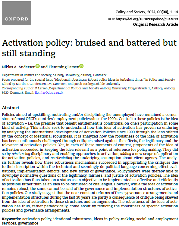 📢🆕Early view❗️ How has the seemingly controversial #ActivationPolicy become so widespread and has remained the bedrock of #welfare policies❓ Niklas Andersen & Flemming Larsen examine the #robustness of the idea of #activation👇 academic.oup.com/policyandsocie…