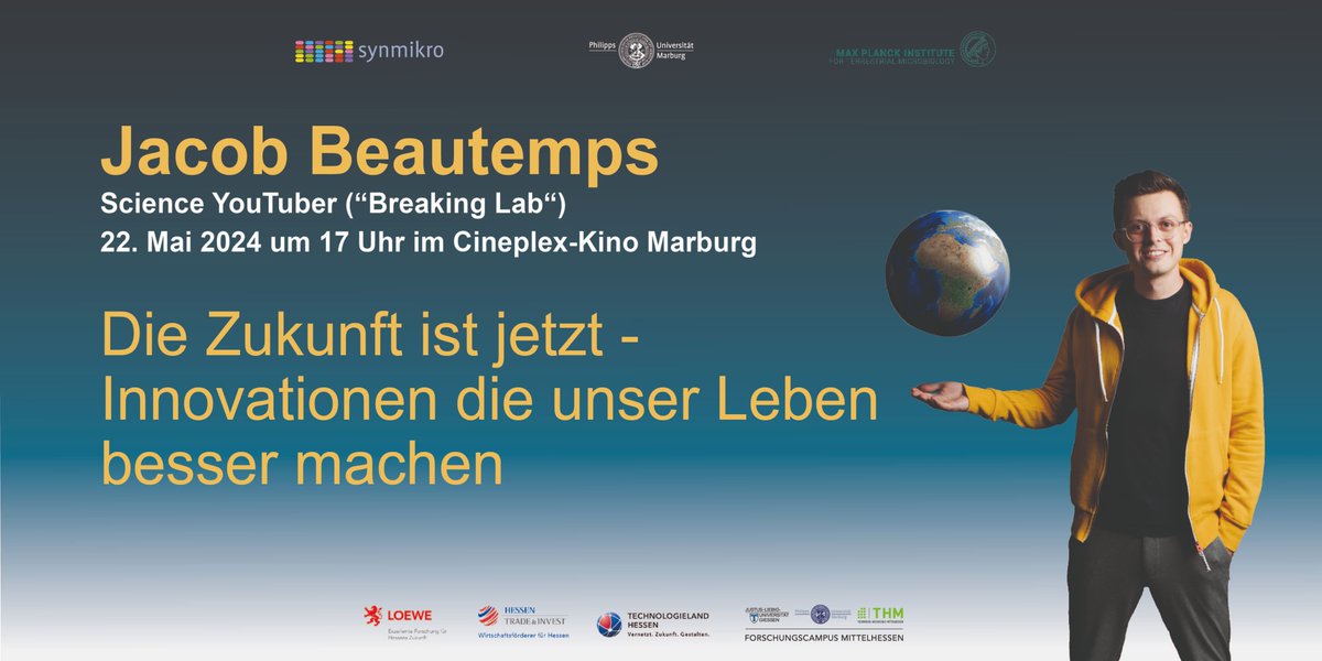 Synmikro #Symposium @jacobbeautemps wird einen öffentlichen Vortrag bei uns halten. Thema: Die Zukunft ist jetzt - Innovationen die unser Leben besser machen. Registration (kostenfrei) unter: eventbrite.de/e/die-zukunft-… @Uni_MR @_FCMH @ProLOEWE @mpi_marburg @erblabs