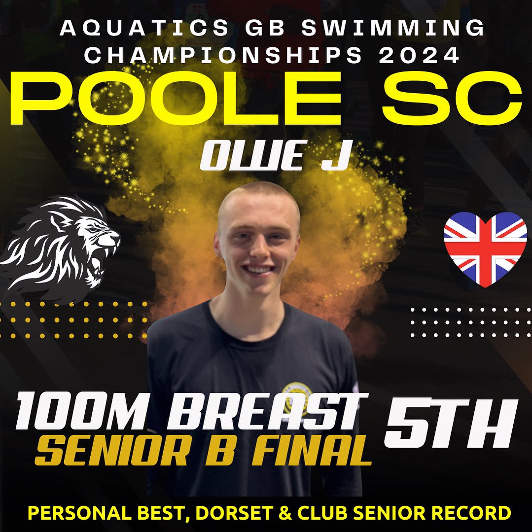 Day 1: @aquaticsGB Swimming Championships 2024.  A personal best, Dorset &amp; Club Senior record was brilliantly earned by Ollie who earned 5th in the 100m Breast-stroke B final 👏👏👏