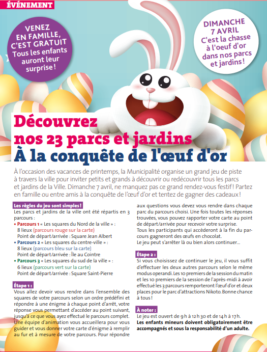 Alfortville_94's tweet photo. 🥚Chasse aux œufs : A la conquête de l'œuf d'or
📣Ce dimanche 7 avril, la Municipalité organise un grand jeu de piste dans la Ville pour inviter petits et grands à découvrir ou redécouvrir les parcs et jardins de la Ville.
Infos⬇️
#Chasseauxoeufs #Alfortville #Parcsetjardins https://t.co/I8sqWTmguz