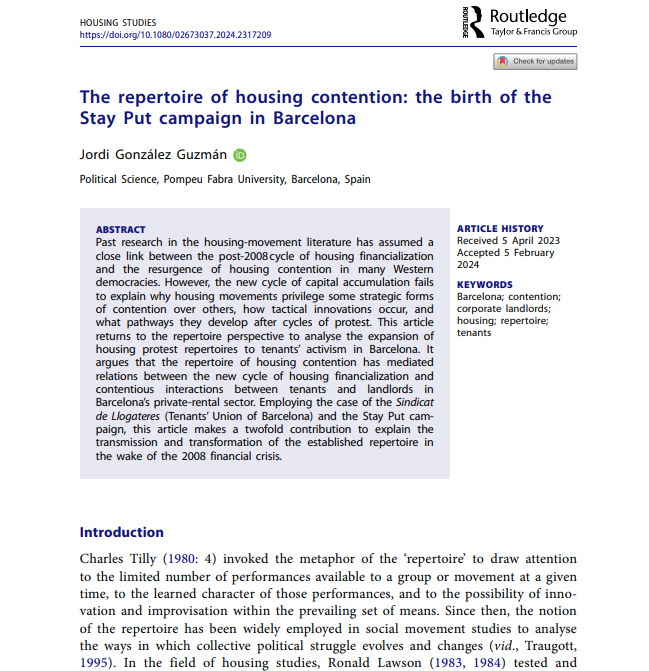 Why housing movements privilege some strategic forms of contention over others? How tactical innovations occur? What pathways they develop after cycles of protest? Some questions I address in this article published in @HousingJournal. tandfonline.com/doi/full/10.10…