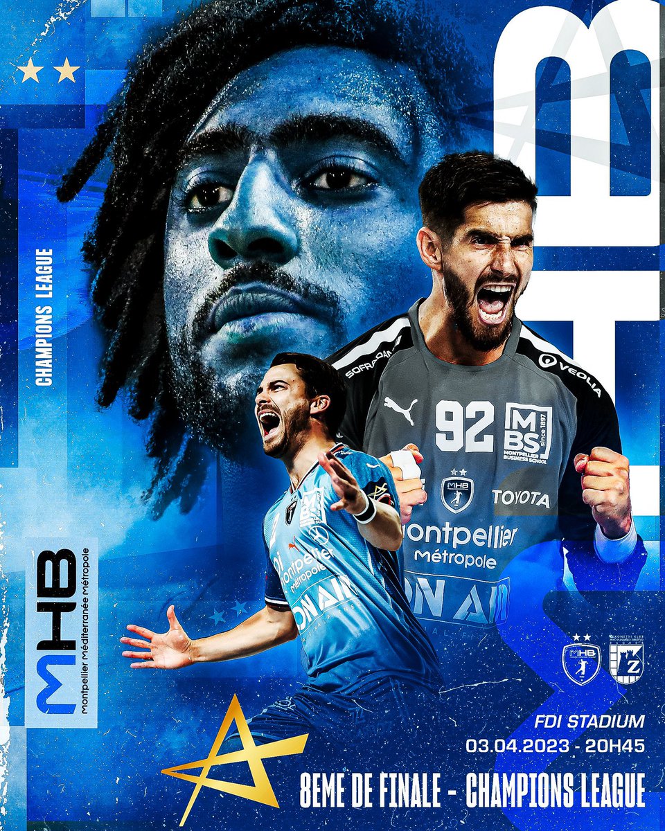 [#GameDay] 🤾🏻‍♂️ 🏆#1/8eDeFinaleRETOUR #LigueDesChampions @ehfcl @mhbofficiel 🔵⚪️ 🆚 @RKZagreb 📅 Mercredi 3 avril ⌚️ 20:45 📍FDI Stadium, Montpellier Match à suivre ⬇️ @Eurosport_FR 1️⃣ TOUS AU STADE 🏟️