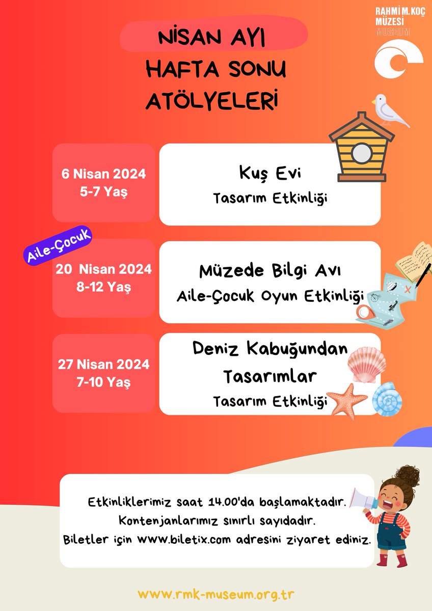 Nisan Ayı Hafta Sonu Atölye Programı Çocukların hedef ve davranışlarına uygun olarak hazırlanan “RMKM Hafta Sonu Eğitim Atölyeleri”ne bekliyoruz. Biletler: biletix.com/mekan/TW/ISTAN…