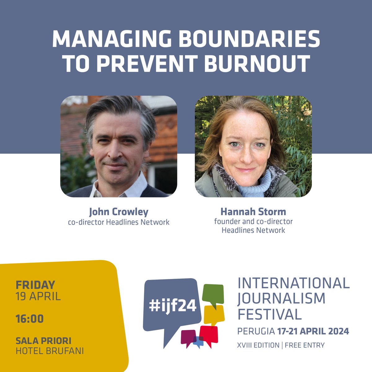 journalismfest's tweet photo. 🔴SAVE THE DATE!
'Managing boundaries to prevent burnout'
#ijf24 with
@mrjohncrowley 
@HANNAHSTORM6 
🎥Live &amp; On Demand > on Fri, Apr 19th
https://t.co/bSEqg0xAqm https://t.co/YVqeaxzxvY