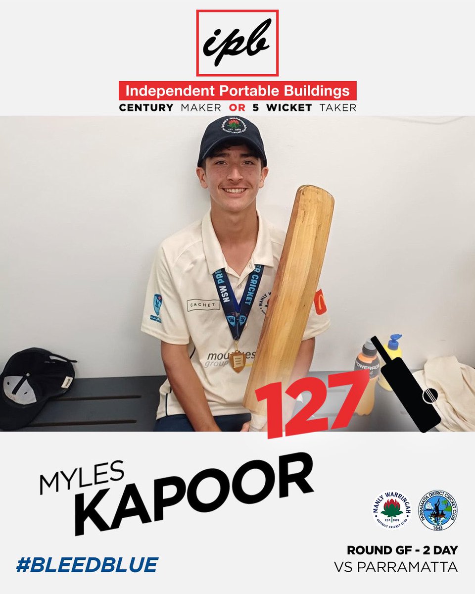 Myles Kapoor. Double premiership winner this season, and now an Independent Portable Buildings Century Maker or Five Wicket Taker. Amazing form with the bat and a big contributor to our Premiership victory with 127 #bleedblue