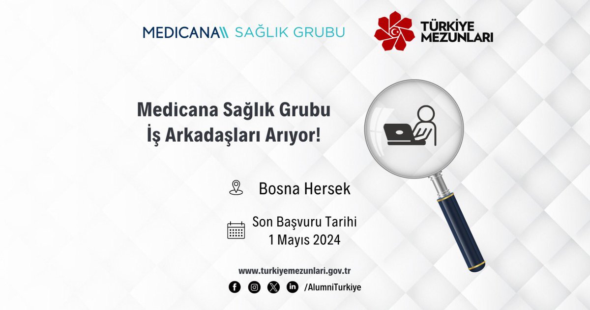 Medicana Sağlık Grubu, çalışma arkadaşları arıyor. ⏳Son Başvuru Tarihi: 1 Mayıs 2024 🔎Detaylı bilgi ve başvuru için: turkiyemezunlari.gov.tr/is-ilanlari/me…