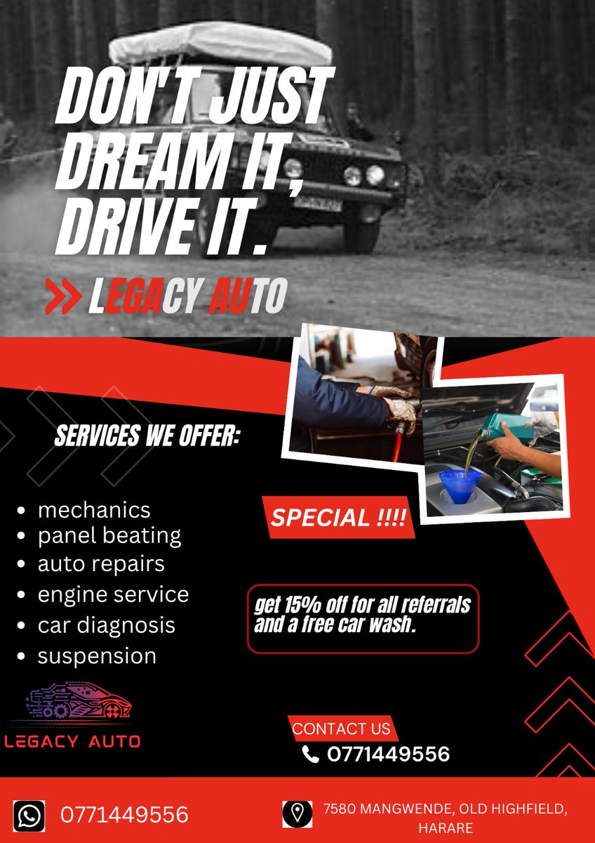autolegacy91's tweet photo. @daddyhope We are @autolegacy91   we provide all vehicle service, repairs, panel beating, car diagnosis, respraying and suspension repair work. Contact us at +263 77 144 9556 to get a quote and inquiries. https://t.co/m3nliDb1v9
