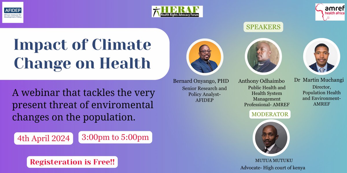 Join us for an illuminating and insightful webinar led by industry experts from <a href="/Amref_Kenya/">Amref Health Africa in Kenya</a> and <a href="/Afidep/">AFIDEP</a> as we dissect the effects of climate change on the population and population's health in particular. Click the link below to Register!
forms.gle/s4h3kEC3cPrrya…