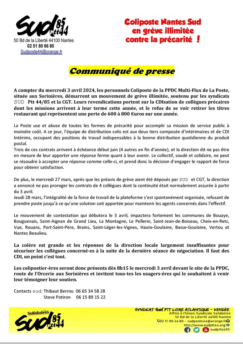 sudptt4485's tweet photo. #LaPoste l'agence colis des #Sorinières est en #grève depuis ce matin. https://t.co/SRfJgQ1Zca