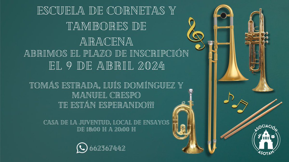 🎶🎺 𝐀𝐛𝐫𝐢𝐦𝐨𝐬 𝐞𝐥 𝐩𝐥𝐚𝐳𝐨 𝐝𝐞 𝐧𝐮𝐞𝐬𝐭𝐫𝐚 𝐄𝐒𝐂𝐔𝐄𝐋𝐀🎺🎶

No importa que no tengas instrumentos, tampoco la edad, si quieres aprender y pertenecer a nuestra escuela y en un futuro a nuestra formación ESTE ES TU MOMENTO. 

            ⚠️Y todo es GRATUITO⚠️