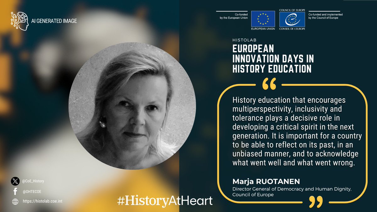 🗣️What can students tell us about how they learn history? What would they do if given the chance to choose their own history lesson? Marja Ruotanen, DG of Democracy & Human Dignity @coe opens the event with important questions placing #LearnersFirst and #HistoryAtHeart