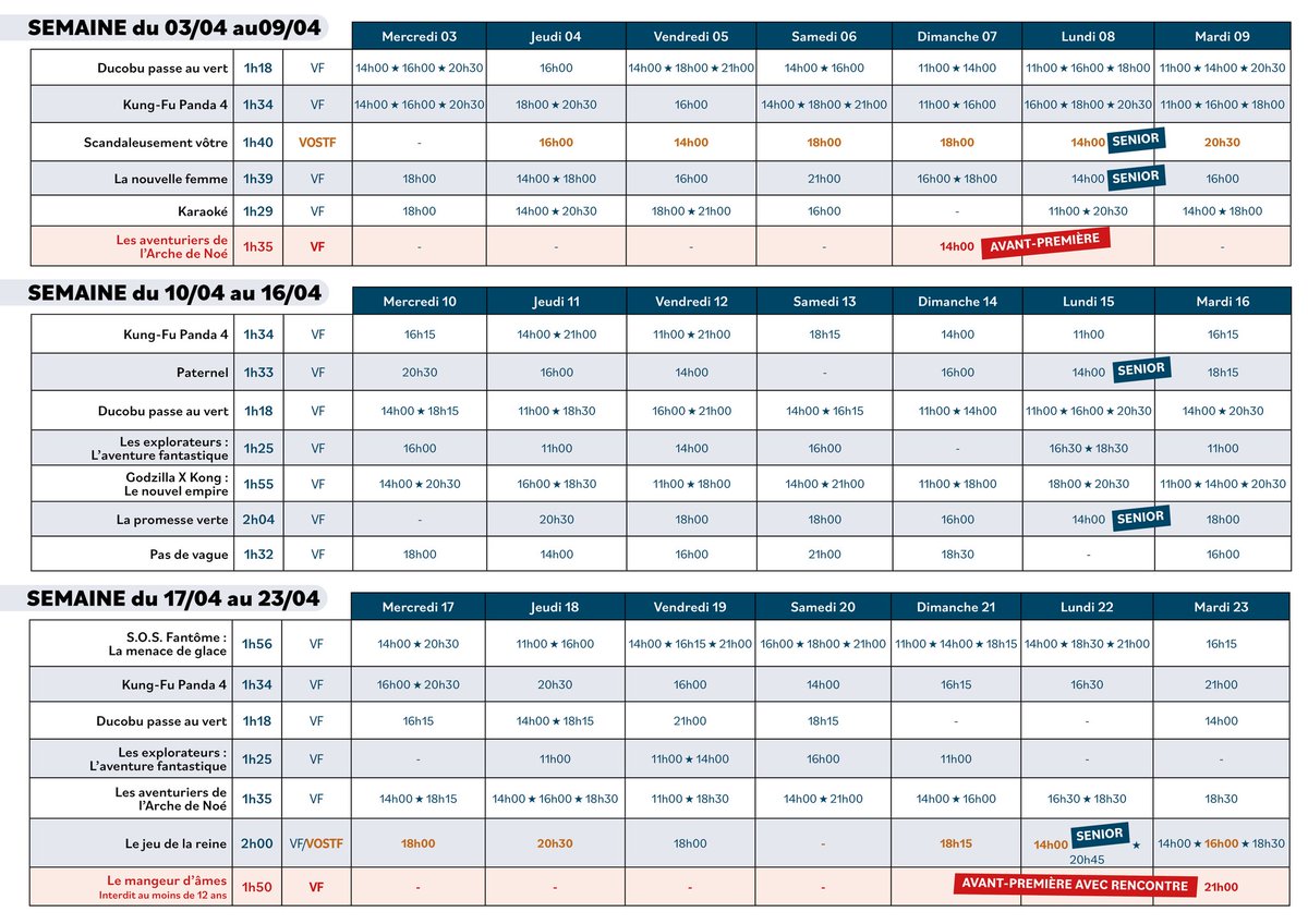 Cinema95150's tweet photo. Voici le nouveau programme du cinéma de Taverny allant du 3 avril au 23 avril !
Deux avant-premières durant ce programme. Les aventuriers de l'arche de Noé le Dimanche 7 avril à 14h. La mangeur d'âmes le Mardi 23 Avril dès 20h30 en compagnie de @AlexisLaipsker l'auteur du roman ! https://t.co/YIkYGN6nOn