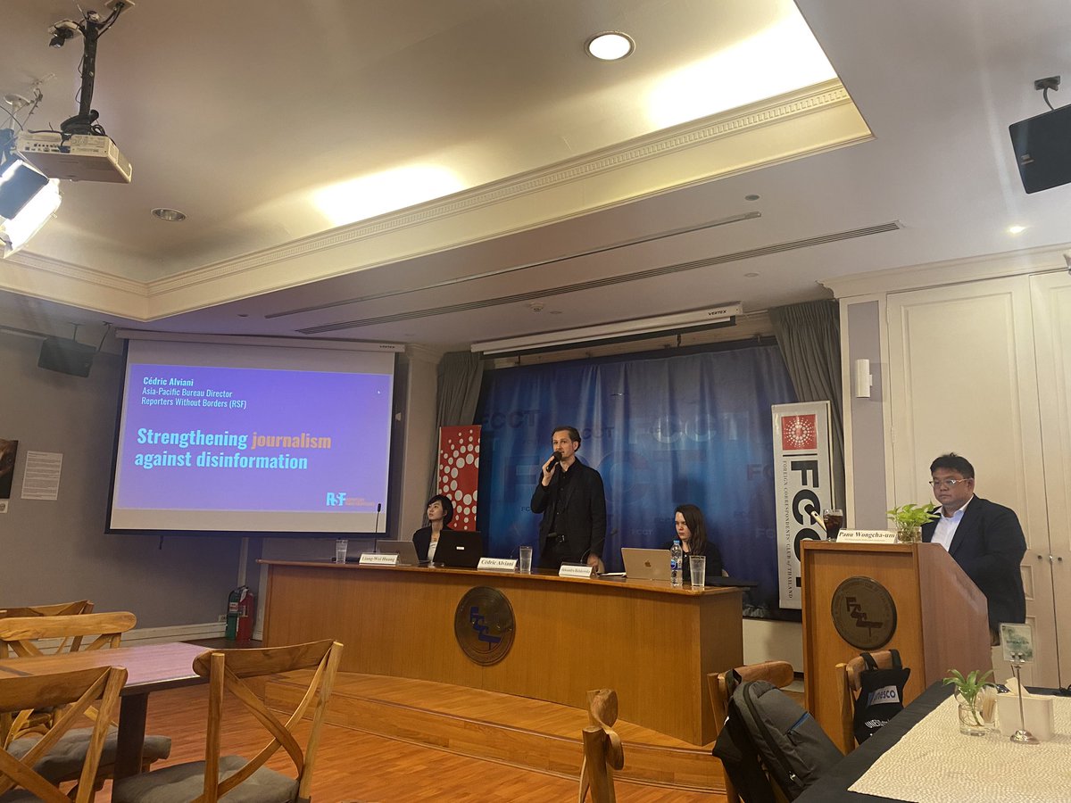 Pleased to see press freedom NGO @RSF_inter here at the @FCCThai with Asia-Pacific Bureau Director Cedric Alviani speaking alongside Aleksandra Birlakowska and Liang-Wei Huang. Last summer the RSF bureau for East Asia expanded to covering the whole Asia Pacific. #pressfreedom