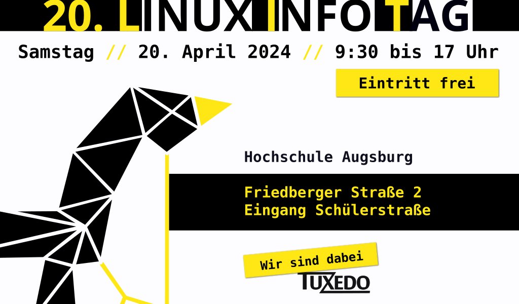 Am 20. April ist es wieder so weit: Der #Linux Infotag findet an der <a href="/TH_Augsburg/">Technische Hochschule Augsburg</a> statt und #TUXEDO ist mit einem Stand und gesprächigem Personal vor Ort! Lust auf Austausch und Geräte mal ausprobieren? Dann komm vorbei! 
<a href="/lit_augsburg/">Linux-Infotag Augsburg</a> #laptop #opensource #events