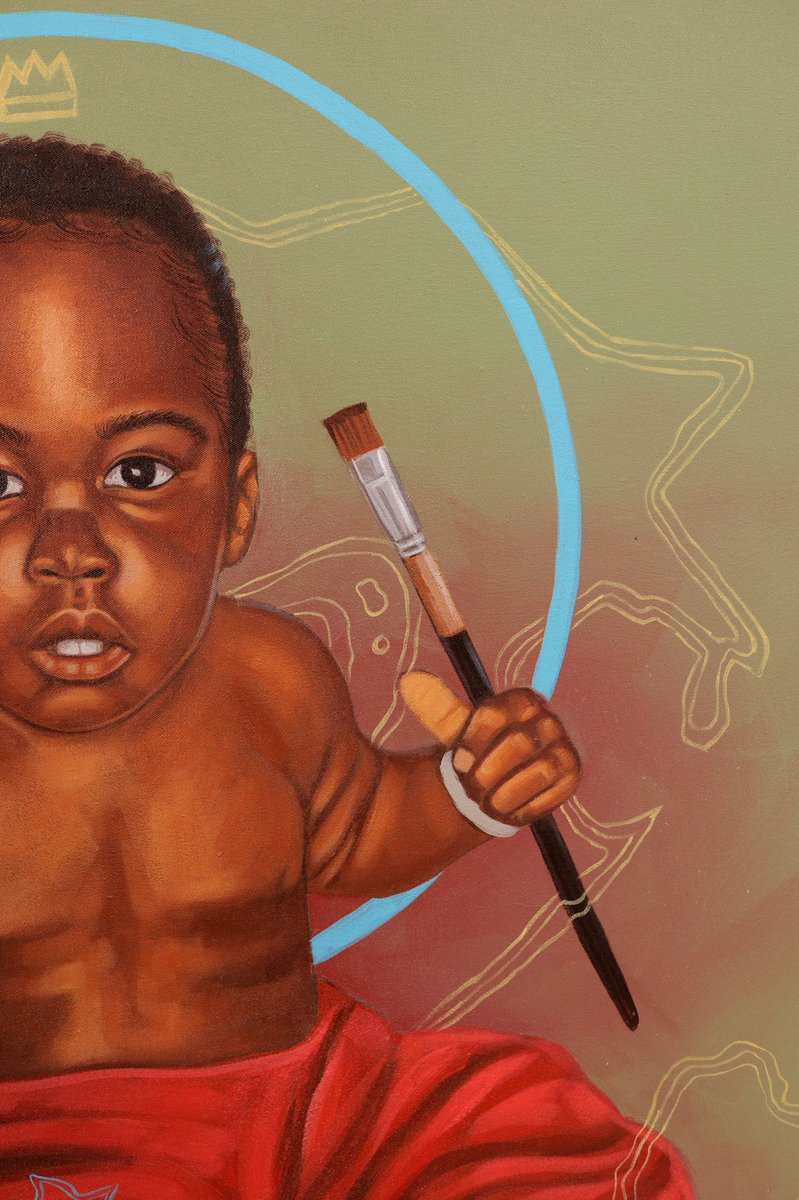 In my self-portrait, I explore the intersection of past and present, reflecting on my journey from childhood to adulthood. The painting depicts me at the age of six to eight months, holding a paintbrush in my left hand and a chisel in my right , symbolizing my transition from