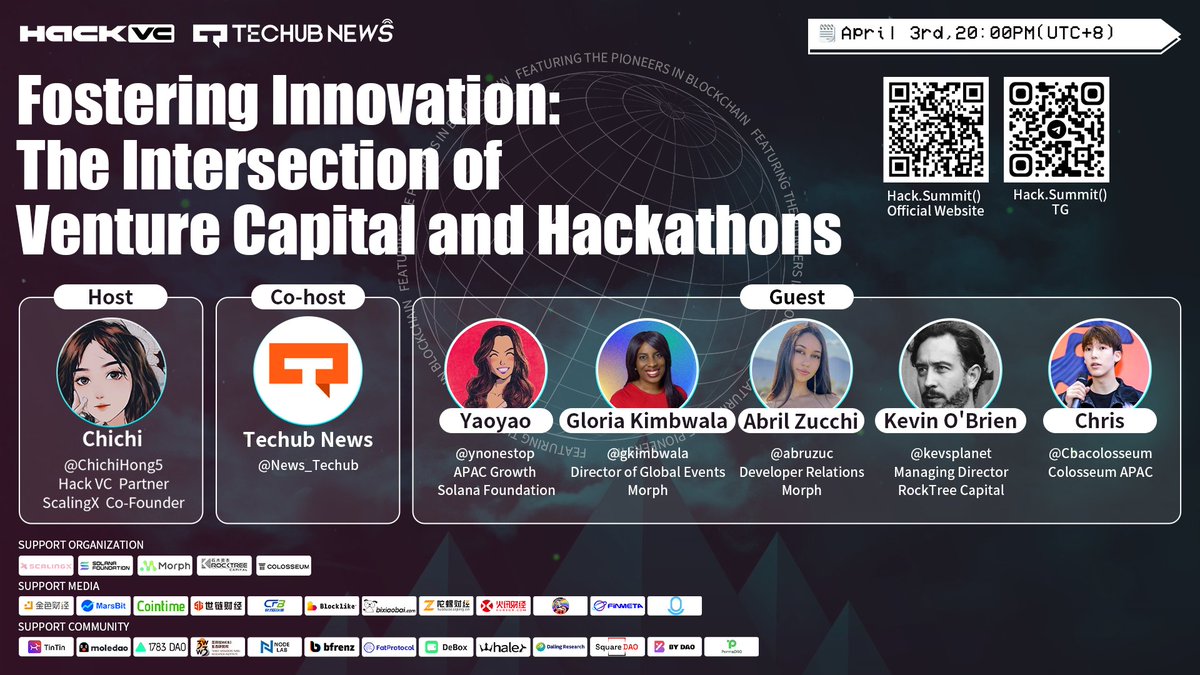 Join us in our TS session previewing the @hack_summit event tonight 🎉 Explore the VC-Hackathon intersection with our esteemed speakers, uncovering innovation insights, startup evaluations, investment trends & ecosystem sustainability 🤩 🔗 Tune in: twitter.com/i/spaces/1gqxv……