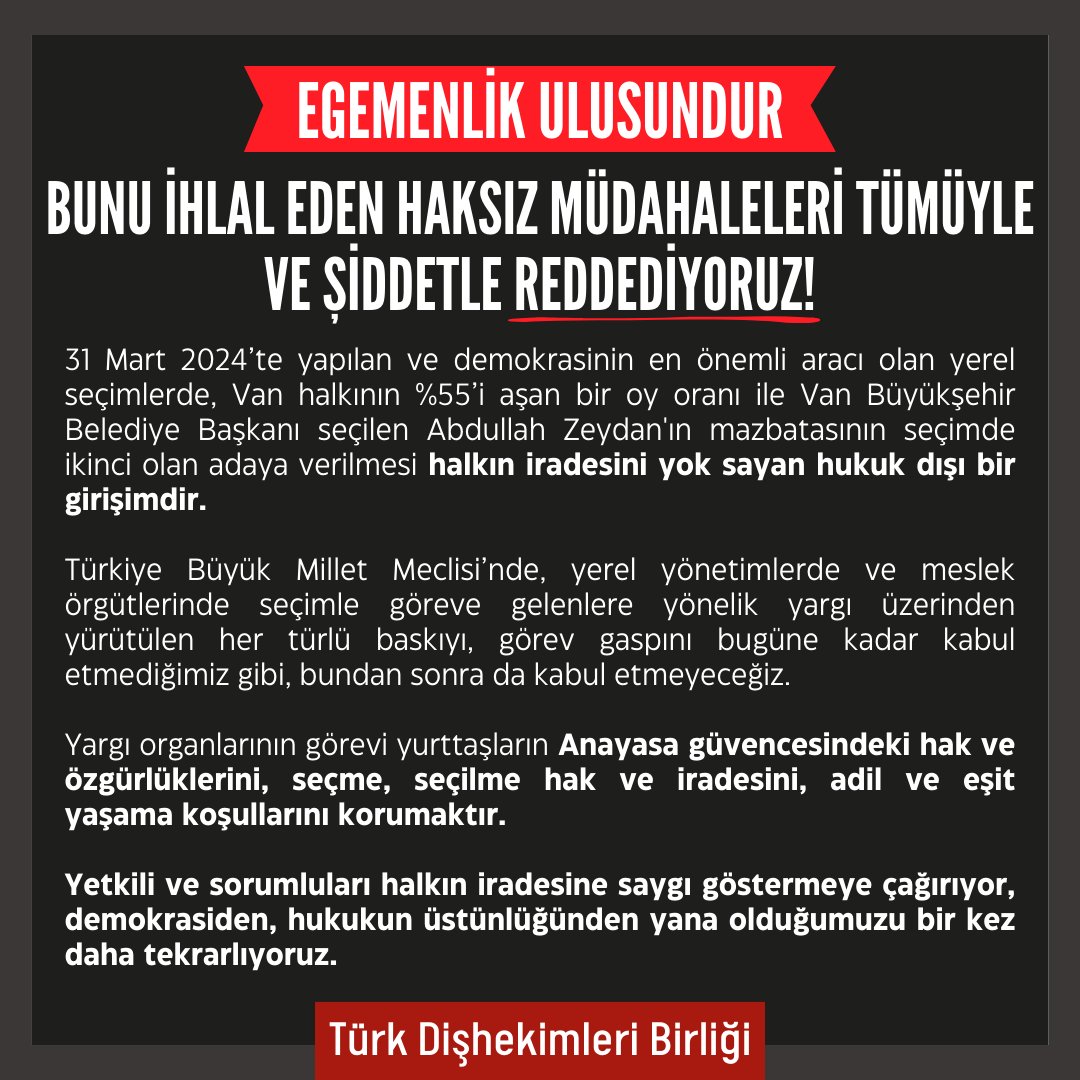EGEMENLİK ULUSUNDUR, BUNU İHLAL EDEN HAKSIZ MÜDAHALELERİ TÜMÜYLE VE ŞİDDETLE REDDEDİYORUZ! tdb.org.tr/icerik_goster.… #türkdişhekimleribirliği #turkdishekimleribirligi #diş #sağlık #dişhekimi #tdbhaber #tdbd #dişhekimliği #fdi #BilimselDişhekimliği #Van #YerelSecim2024
