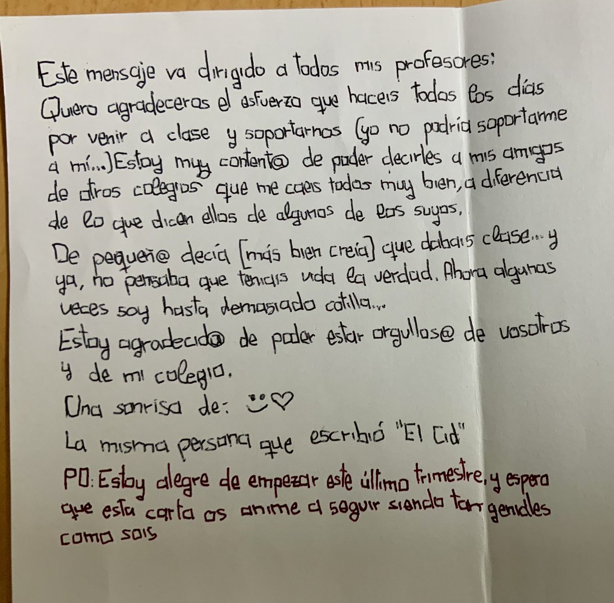 MJPMorago's tweet photo. Razones para seguir pensando que me dedico a la mejor profesión del Mundo. 
Contexto: nota encontrada sobre la silla del profesor en la 1ª clase del tercer trimestre en 1º ESO. https://t.co/6AAzMqIITO
