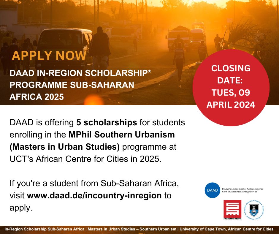 REMINDER | DAAD scholarship applications close on 09 April Applicants from Sub-Saharan Africa who wish to enroll for the #MPhilSouthernUrbanism (Masters in Urban Studies) at UCT in 2025 are encouraged to apply for 1 of 5 DAAD scholarships More details: africancentreforcities.net/mphil-southern…