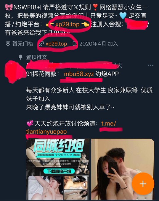 拿我影片模仿我的人太多，我只有這個大號和一個我主頁簡介中的小號，其他都是騙子。  我發現有些寶貝還是對騙子的X帳號識別不足，那我就和大家說一下騙子的基本特徵。  1⃣️置頂推文只要發布約炮APP，留下鏈接或者telegram頻道，都是騙子。&hellip;