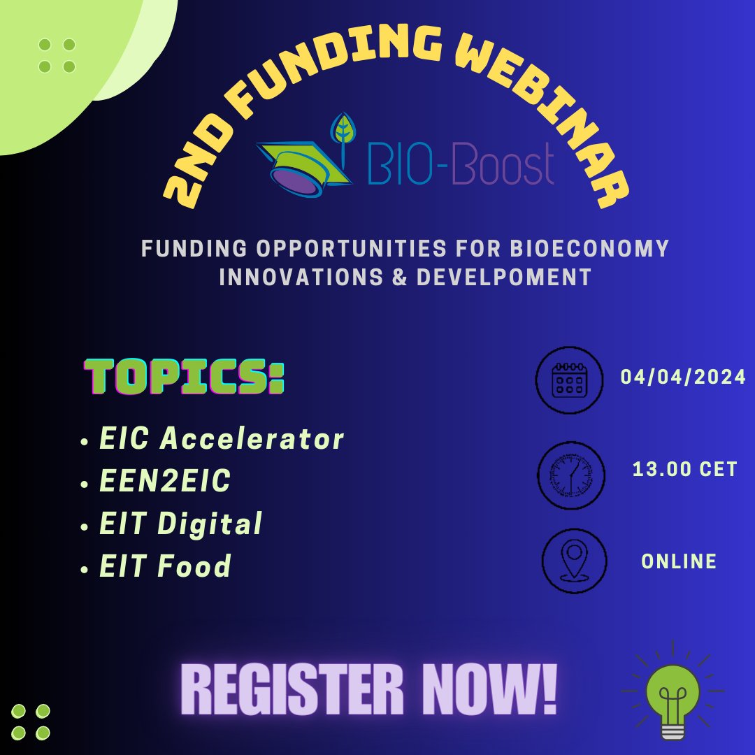 🚀ONLY 1 DAY LEFT ... ➡ 2nd BIO-Boot Funding Webinar 🌱 📣Don't miss it out if you are interested in: ☑ #EICAccelerator ☑ #EEN to #EIC ☑ #EITDigital ☑ #EITFood 🚀 Register here: form.jotform.com/24037186028135…