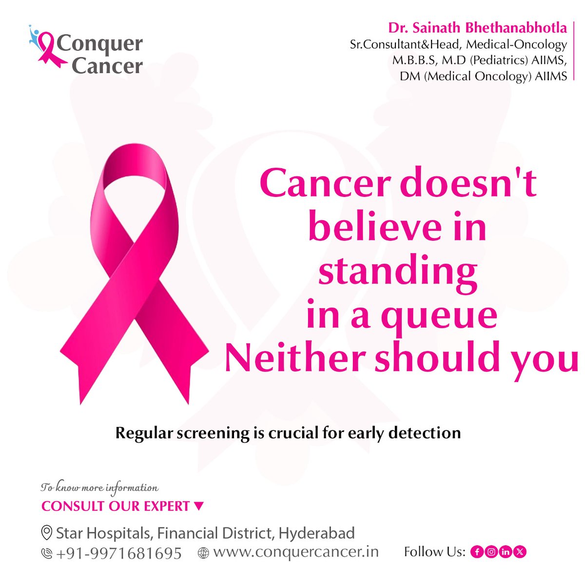 🎗️ Don't let cancer call the shots! 🚫 Beat it to the punch with regular screenings for early detection. 🕒 Your health is too important to wait in line – prioritize your well-being today! 💪
#ConquerCancer #CancerPrevention #CancerTreatment #Nanakramguda #financialdistrict