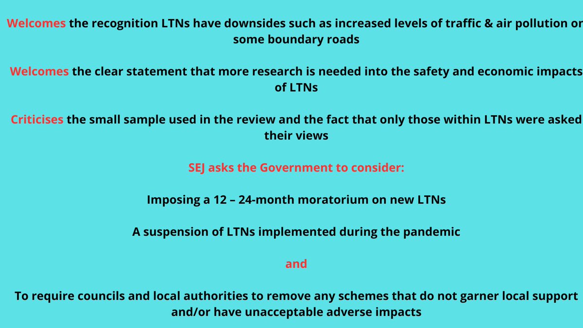 SEJ has sent its response to the LTN Review to the Department for Transport. Key points below. Full response on our website: socialenvironmentaljustice.co.uk/IntheNews