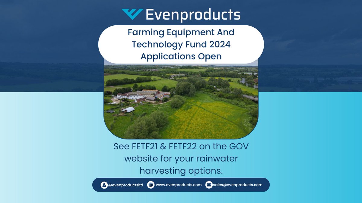 🌱 Applications open for the Farming Equipment And Technology Fund 2024! Secure your rainwater harvesting tanks now. Evenproducts proudly supports farmers – it's in our roots! 💧🚜 
Be quick as applications close on the 17th Of April #FarmingTech2024 #HarvestingSustainability