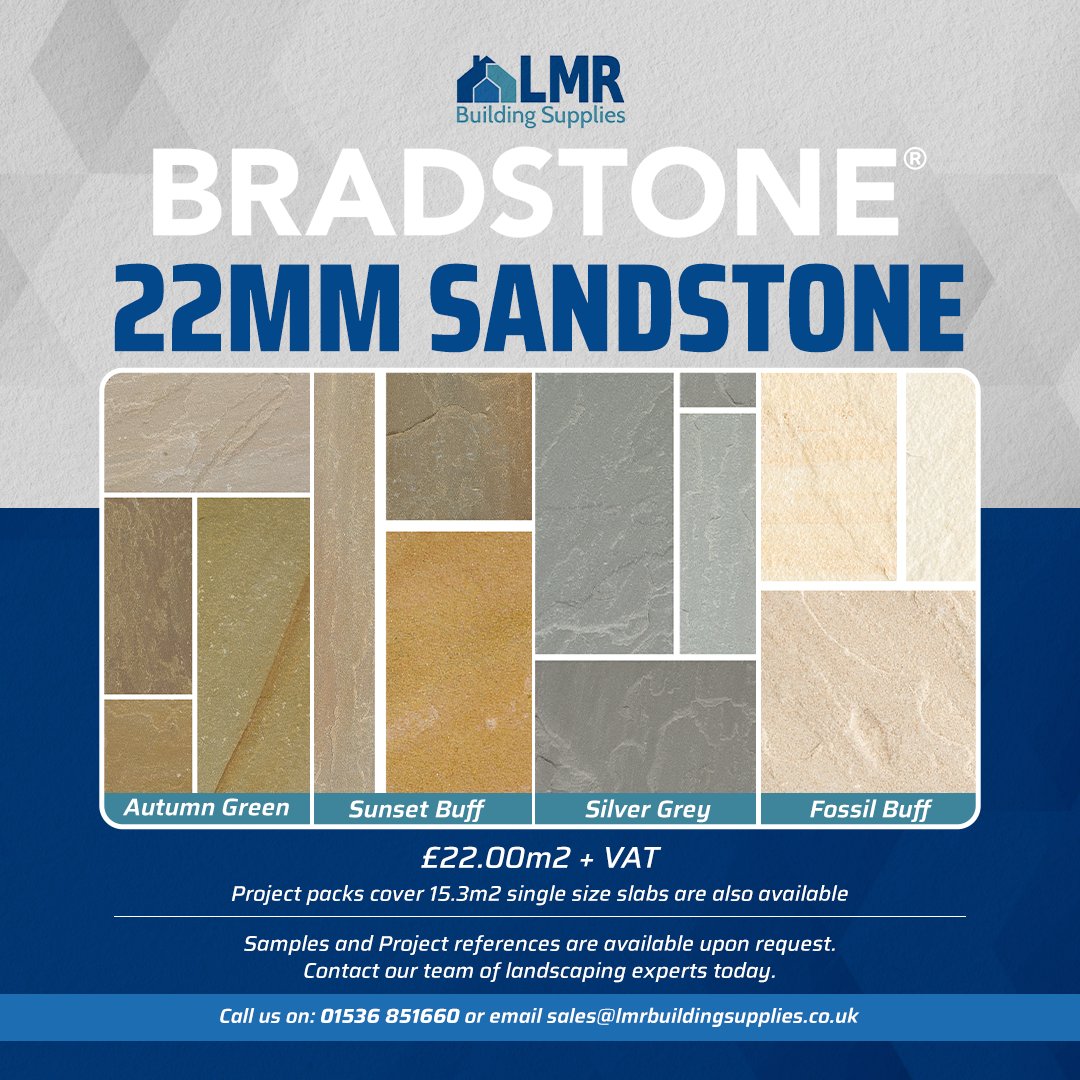 Get summer ready with our 22mm Bradstone Indian Sandstone project packs. 🧱 Ideal for creating a rustic countryside feeling in any garden space. Now available for £22.00m2 + VAT Get in contact with us today on: 01536 851660 or email at: Sales@lmrbuildingsupplies.co.uk