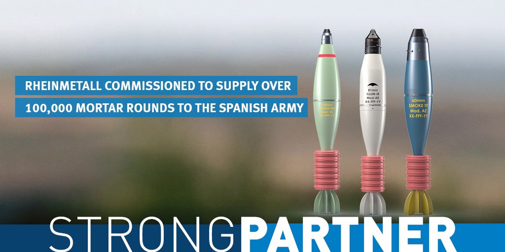 #Rheinmetall has received another #order from the 🇪🇸 Spanish government in the higher double-digit million euro range. The Group is to supply the #SpanishArmy with a total of 104,000 #mortar rounds in 60mm, 81mm and 120mm calibres by the end of 2025. rheinmetall.com/en/media/news-…