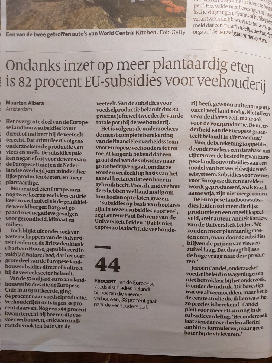 Today in Dutch newspaper @volkskrant: 84% of EU agricultural subventions in 2013 went to food production. Livestock farming industries received 82% (!) of them. Thus, these subventions negatively affect the EU's ambition to consume less animal products and more plant-based ones.