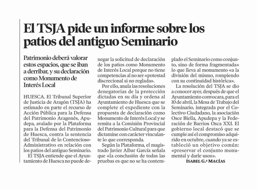 El TSJA pide un informe sobre los patios del antiguo Seminario de #Huesca
