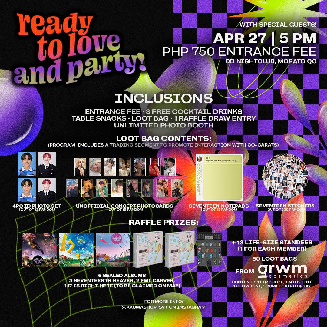 Caratdeul~ Join us as celebrate Seventeen’s upcoming comeback thru a beersleeves event: Ready to love AND PARTY! [500 slots only] ♡ April 27 • 5PM ♡ DD Nightclub, Morato QC 💕 All carats age 18+ are welcome! Browse this thread for details. #SVTReadyToLove #KkumaShopSVT