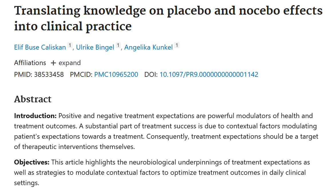 ➡️Exciting! The @bingellab, led by ELH-PI Ulrike Bingel, has a new paper out: 'Translating knowledge on placebo and nocebo effects into clinical practice'. 🤩🍾 pubmed.ncbi.nlm.nih.gov/38533458/