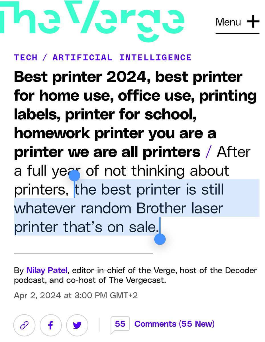 Love this Verge article.

Used to have HP printers until HP introduced dark patterns: the cartridge more expensive than the printer / cartridge half full but printer refuses to print / HP blocks refilled cartridges.

Switched to Brother: best decision. If you’re still on HP: why?