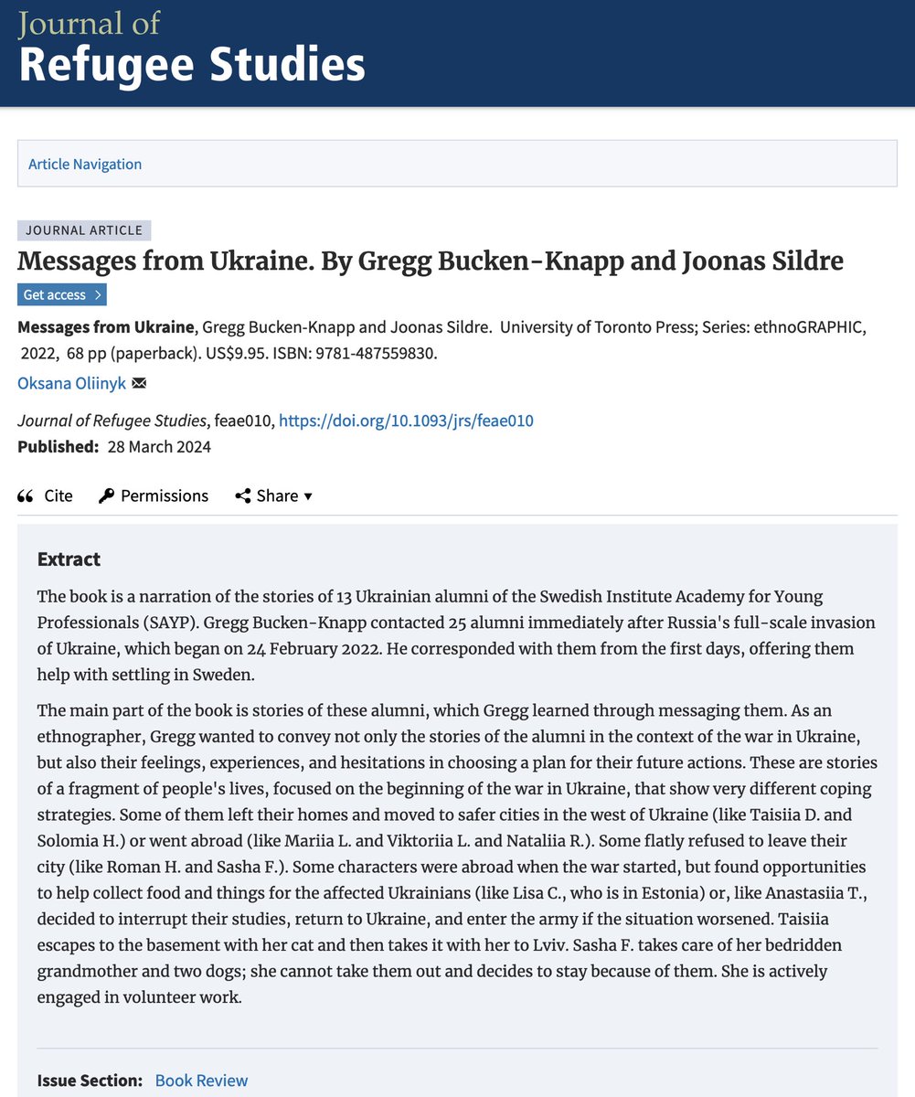 Gregg Bucken-Knapp (@gbuckenknapp) on Twitter photo Wonderful to see Oksana Oliinyk’s review of Messages from Ukraine in <a href="/JRefugeeStudies/">Journal of Refugee Studies</a>! This means so much to me, <a href="/tabularasaart/">Joonas Sildre</a> & our Ukrainian colleagues, whose stories we share.
Oksana Oliinyk’s review: t.ly/_ImJt
Messages from Ukraine: t.ly/yaO2m Wonderful to see Oksana Oliinyk’s review of Messages from Ukraine in <a href="/JRefugeeStudies/">Journal of Refugee Studies</a>! This means so much to me, <a href="/tabularasaart/">Joonas Sildre</a> & our Ukrainian colleagues, whose stories we share.
Oksana Oliinyk’s review: t.ly/_ImJt
Messages from Ukraine: t.ly/yaO2m