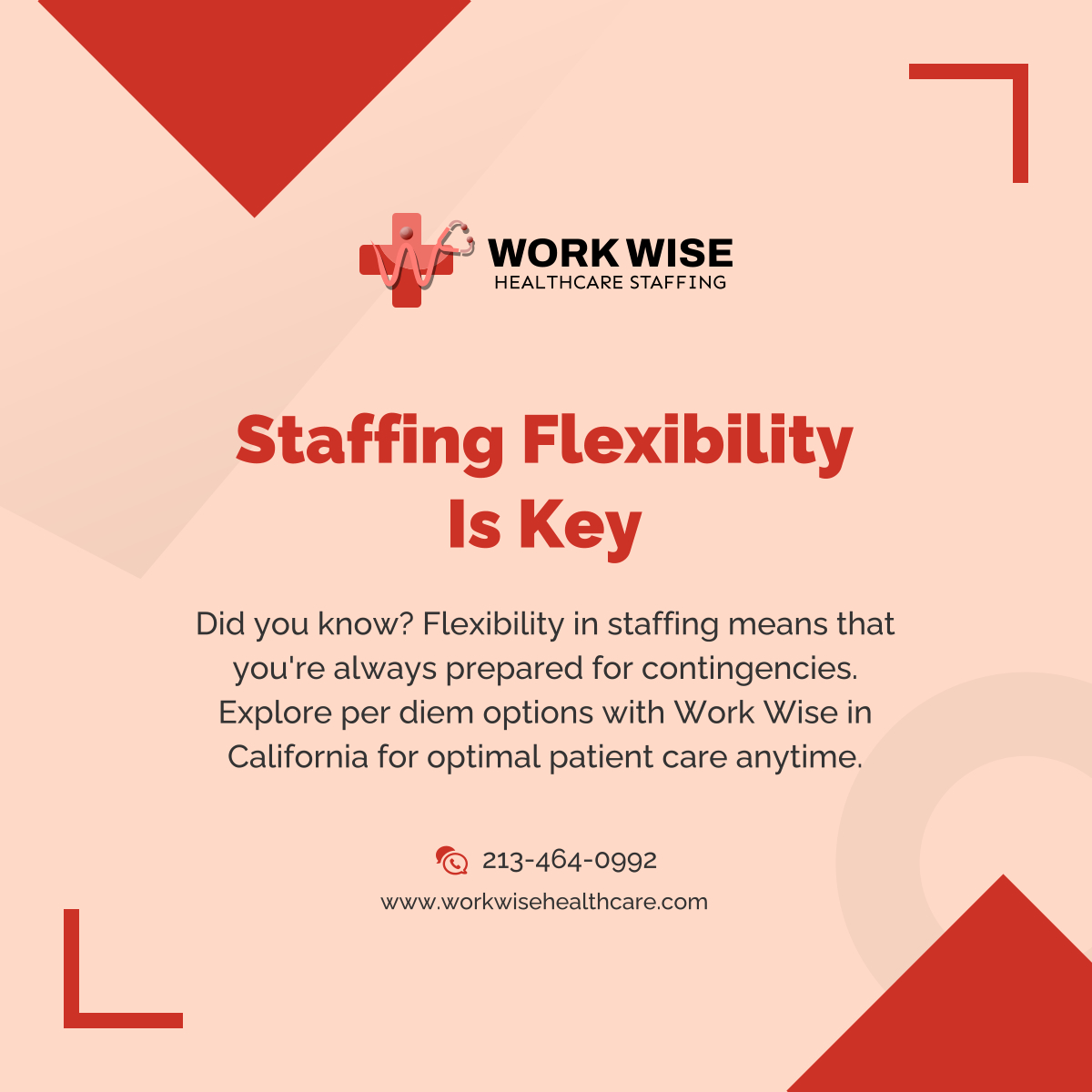 It's time to amplify your healthcare operations! Work Wise Staffing and Consulting is on a mission to eradicate medical staffing crises in Los Angeles. Let's ensure your facility is always ready to provide top-quality care. 

#LosAngelesCalifornia #MedicalStaffing