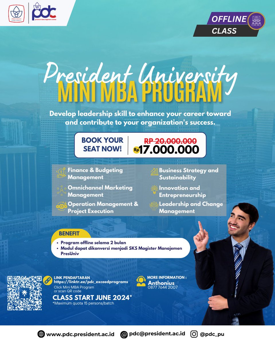 Apakah Anda ingin memperluas...tentang dunia bisnis, ....dan mempercepat kemajuan karir Anda tanpa harus mengikuti program MBA penuh? Pelatihan Mini MBA adalah solusinya!

Dengan Program Mini MBA kolaborasi PU x PDC

for more info : instagram.com/p/C5SUfhQSAaI/