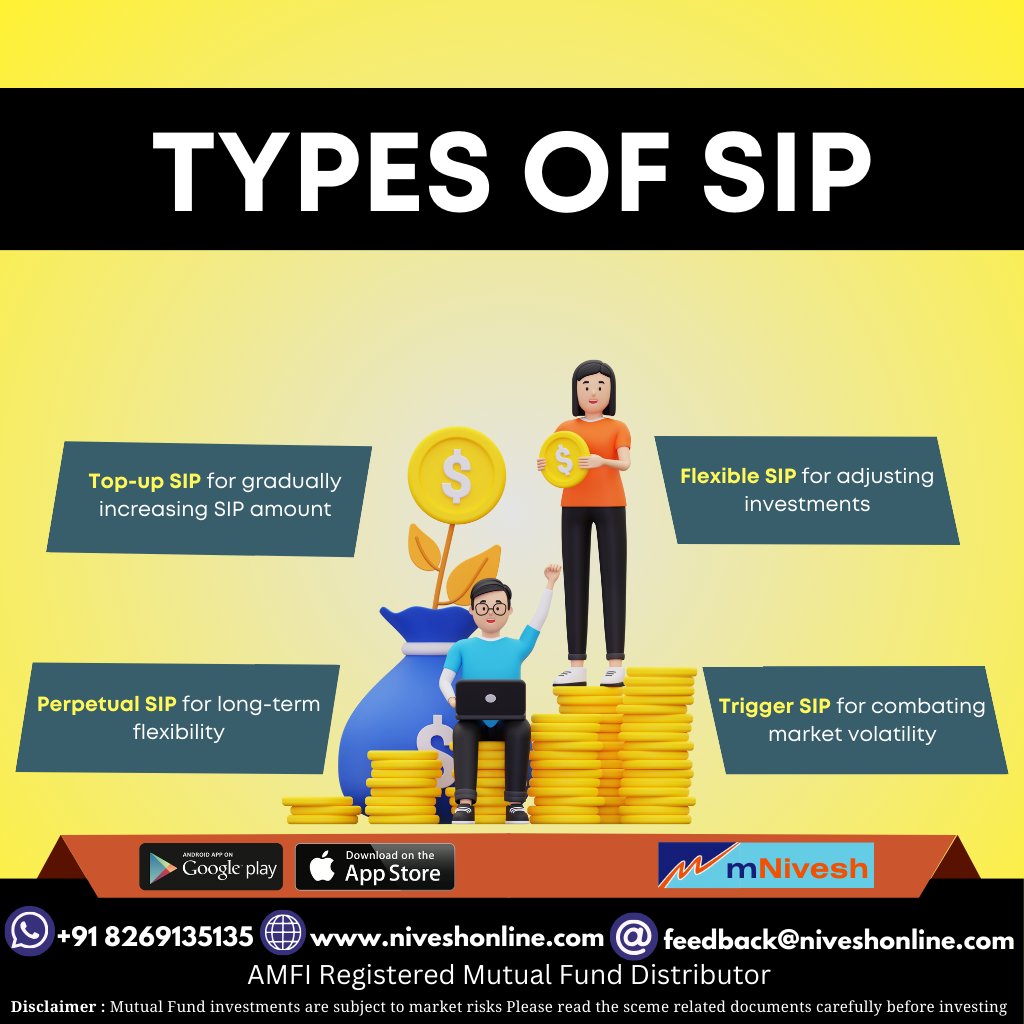 TYPES OF SIP 
Top-up SIP 
Flexible SIP 
Perpetual SIP 
Trigger SIP  

#TypesofSIP #SIP #SIPsummer #Startinvesting #investment #Stocksinfocus #stockmarketindia #Sharemarketindia #Sharemarket #Nifty50