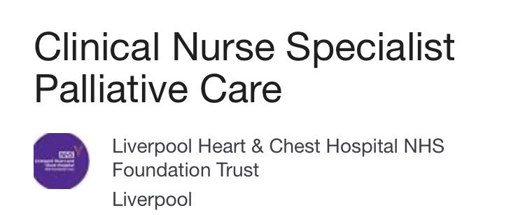 Jeanette_Ren's tweet photo. Opportunity to join Liverpool Heart and Chest Hospital @LHCHFT as a Clinical Nurse Specialist providing not only #PalliativeCare #EndofLifeCare but also #EnhancedSupportiveCare. Fantastic Trust to work for.
Clinical Nurse Specialist Palliative Care
https://t.co/Mjy7pujUSK https://t.co/24Czkvksbi