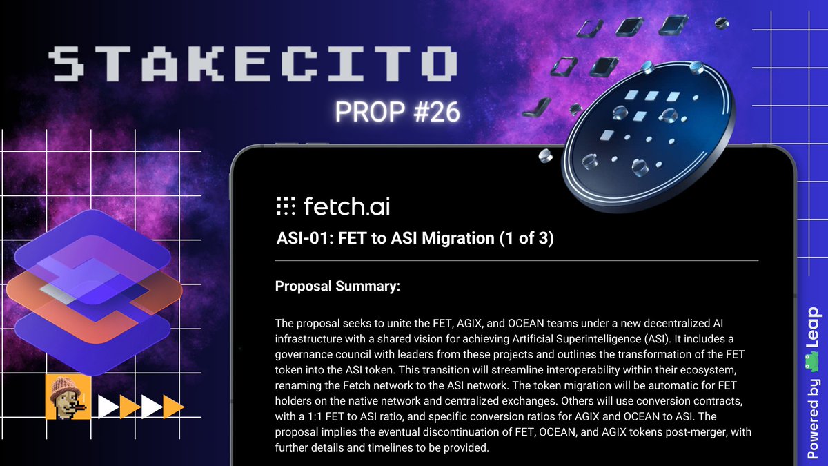 stakecito's tweet photo. This is a YUUGE one! The @Fetch_ai proposal that seeks to unite the $FET, $AGIX, and $OCEAN teams under a new decentralized AI infrastructure is LIVE 🤯
⌛️Vote Ends: April 7
📍Proposal: https://t.co/BoV0bckz3v
📍Full Proposal: https://t.co/1pfsEVLs1n
🗳️ Don't forget to cast your vote!
Proposal Summary 🤝
Powered by @leap_cosmos 🐸