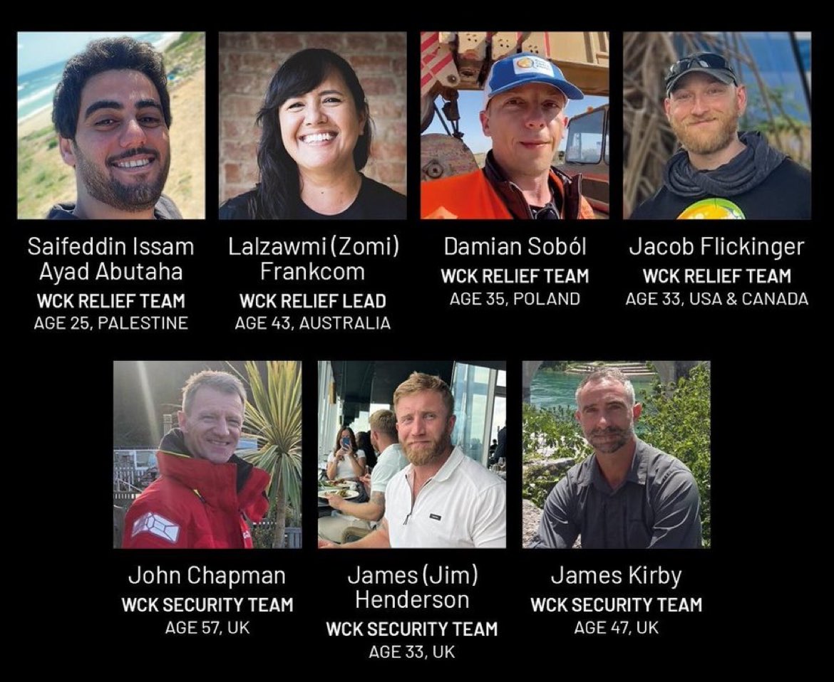 Israeli terrorists murdered the entire @WCKitchen security team. Will the UK, EU, Australia, and the US take any counter actions against Israel? Will they condemn Israeli terrorism against their own citizens?