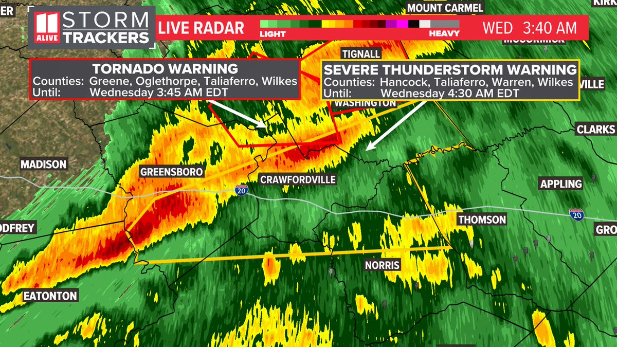 A Severe Thunderstorm Warning has been issued for Greene, Taliaferro, Warren, Hancock, Wilkes until 4/03 4:30AM. Track storms now: 11alive.com/radar #storm11 #gawx