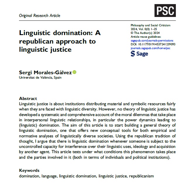 🗣 New publication with Philosophy and Social Criticism! Thrilled to see this core part of my PhD thesis on #linguisticjustice and, in particular, linguistic domination finally published: journals.sagepub.com/doi/epub/10.11… Short thread (English)