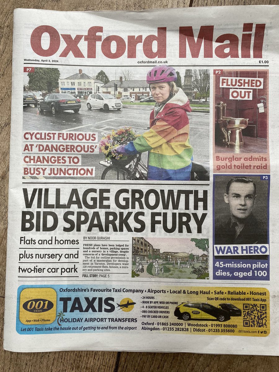 Delighted to make the @TheOxfordMail front page tho disappointed as to why: I agree with @cycloxoxford that the changes to this junction will make it more dangerous for cyclists and whilst it’s being billed as a safety improvement, it appears to be about making cars faster (1/4)